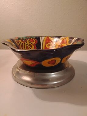Vintage Folk Art Handpainted Ceramic Bowl with Pewter Base. 6"  Talavera